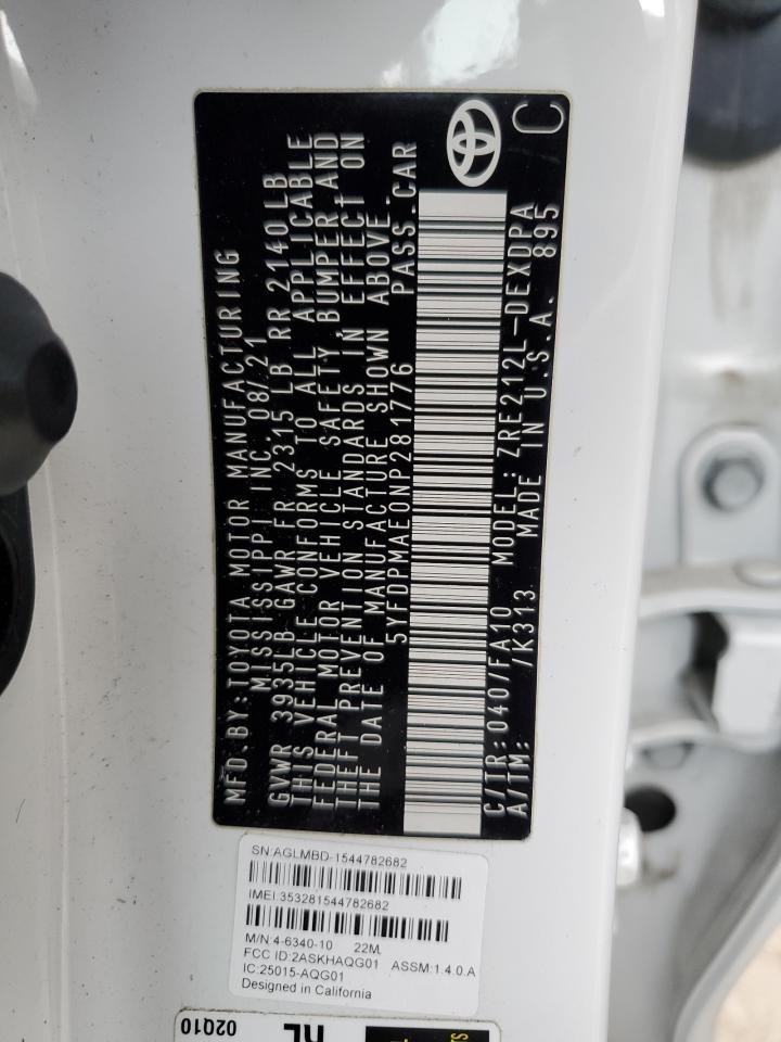 2022 TOYOTA COROLLA L VIN:5YFDPMAE0NP281776