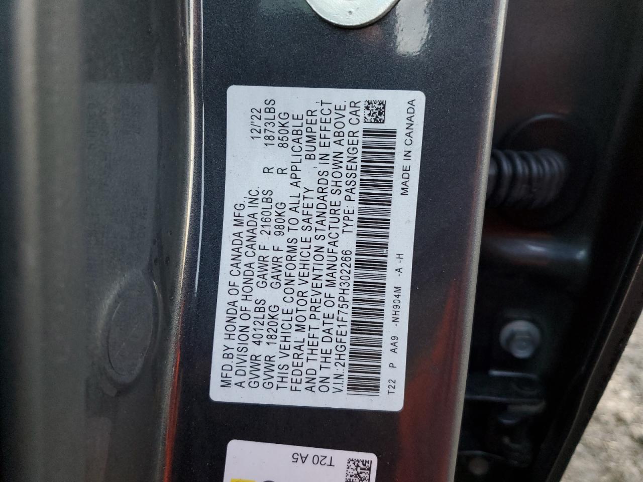 2023 HONDA CIVIC EX VIN:2HGFE1F75PH302266