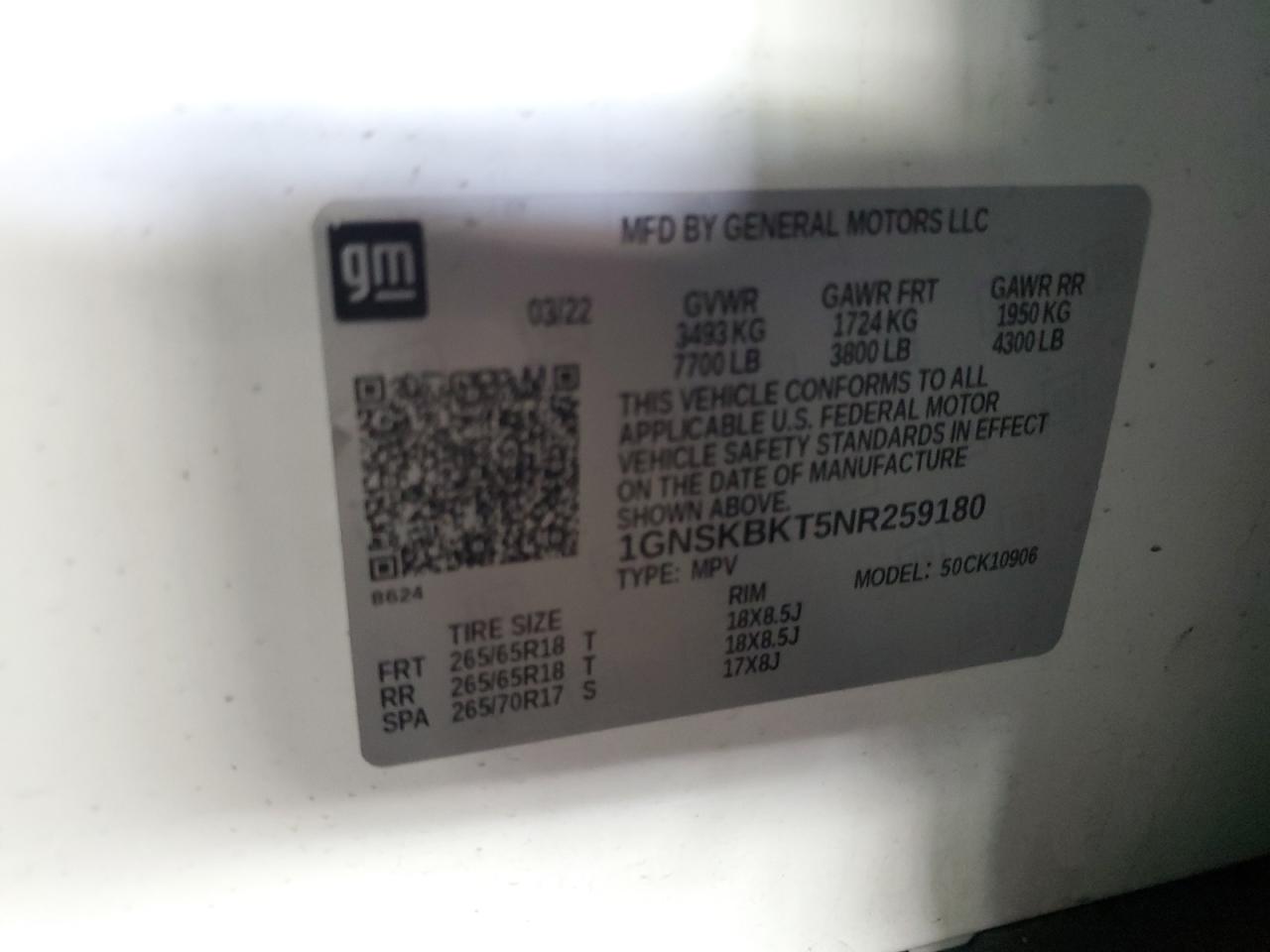 2022 CHEVROLET SUBURBAN K1500 LS VIN:1GNSKBKT5NR259180