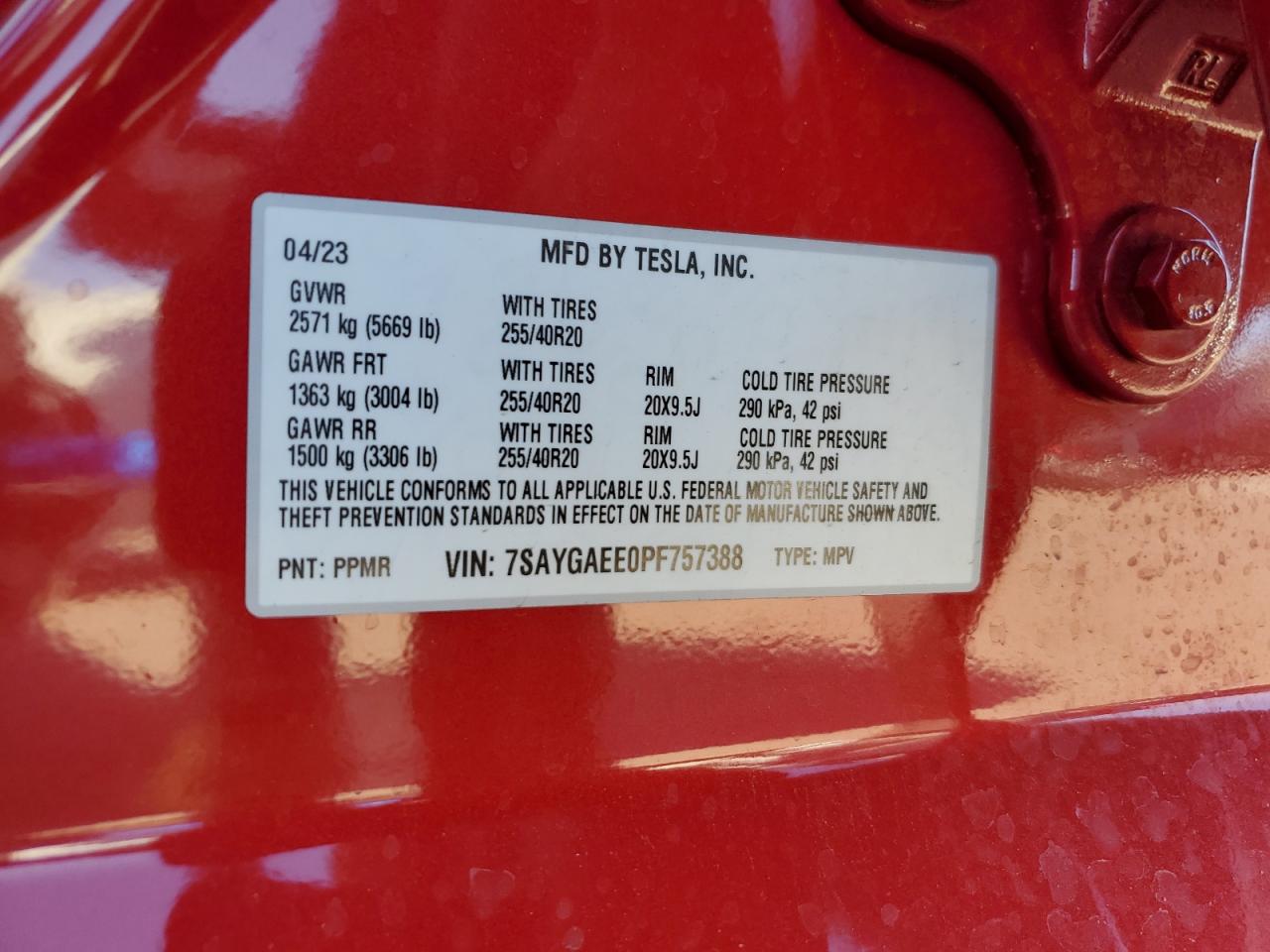 2023 TESLA MODEL Y VIN:7SAYGAEE0PF757388