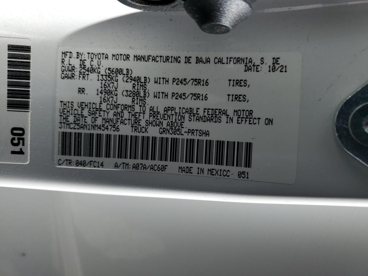 2022 TOYOTA TACOMA DOUBLE CAB VIN:3TMCZ5AN1NM454756