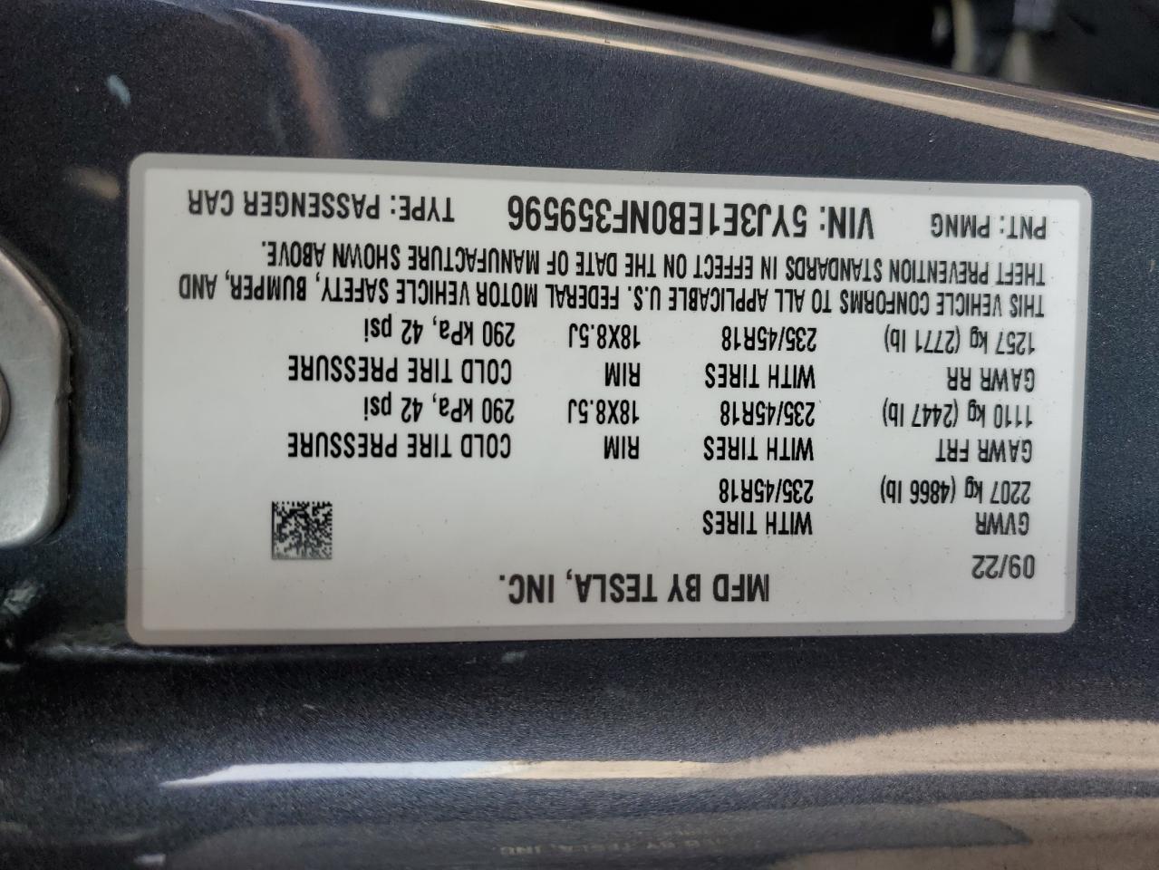 2022 TESLA MODEL 3 VIN:5YJ3E1EB0NF359596