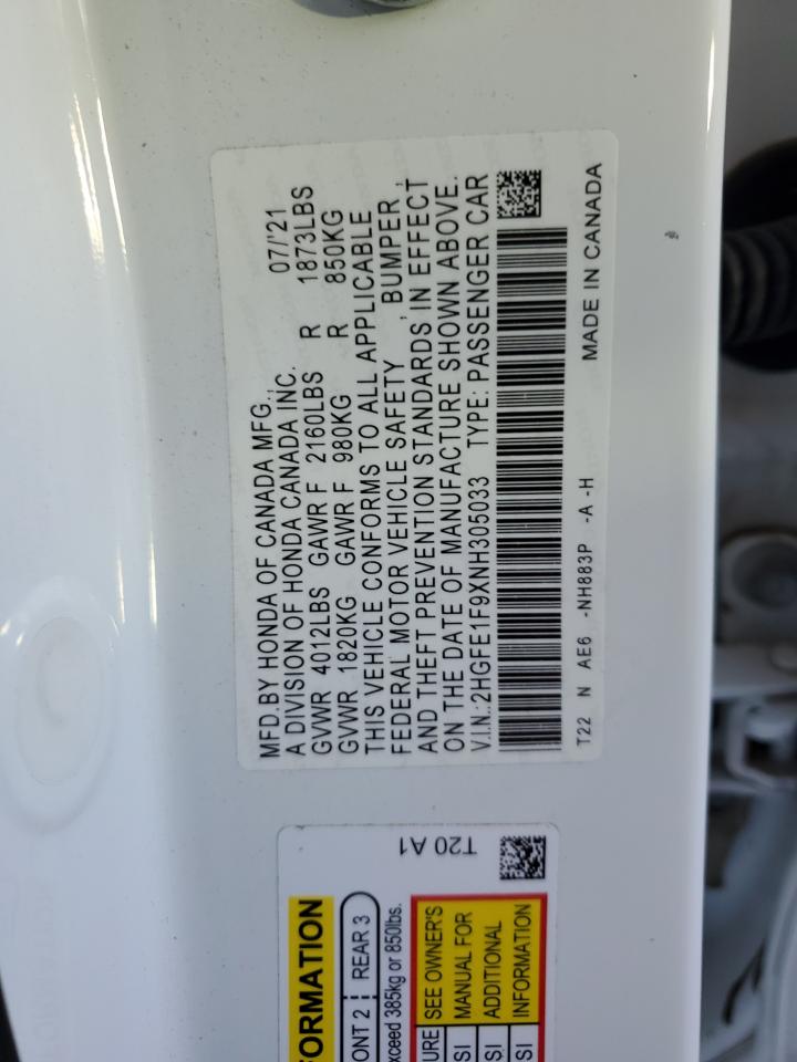 2022 HONDA CIVIC TOURING VIN:2HGFE1F9XNH305033