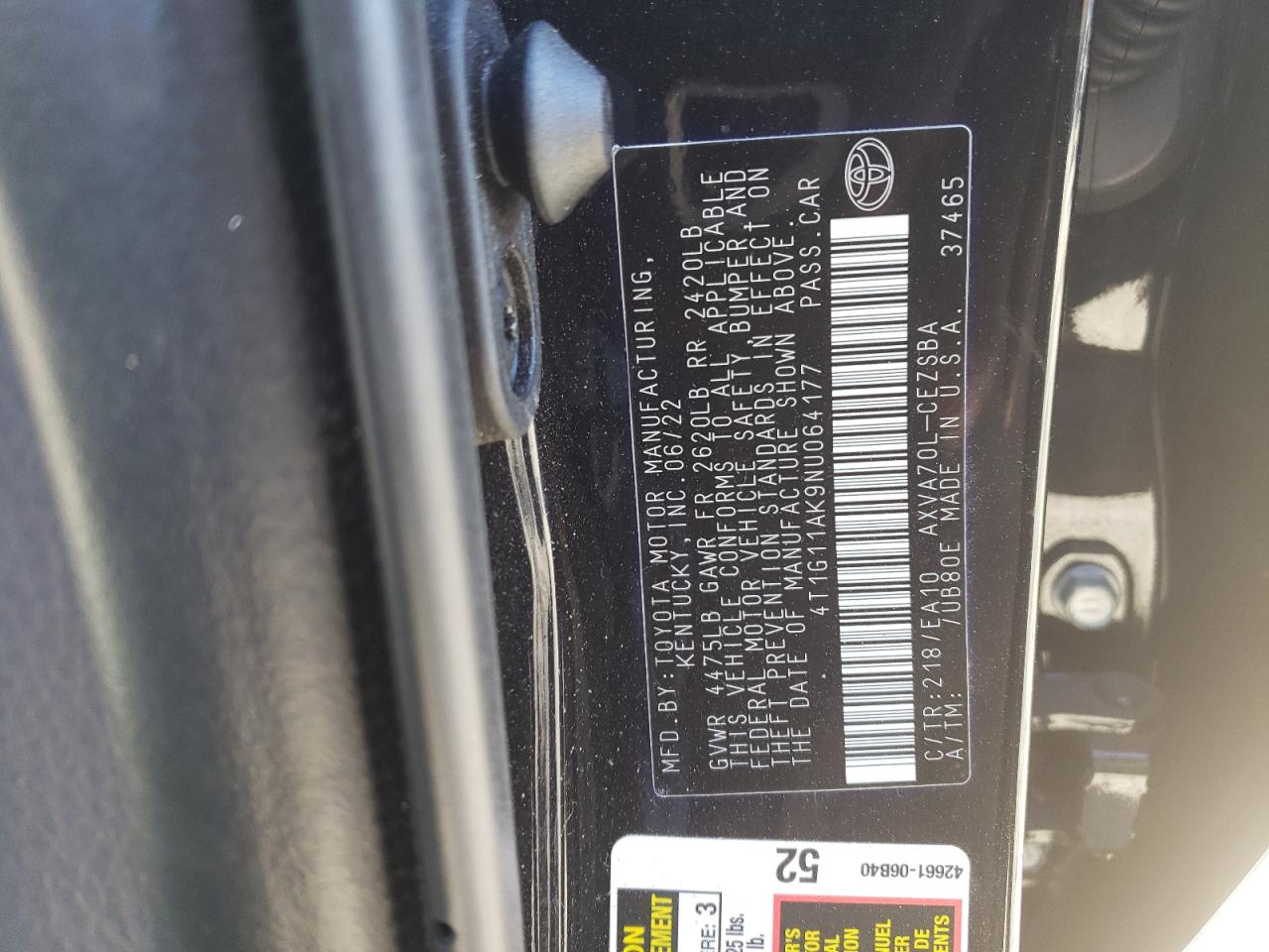 2022 TOYOTA CAMRY SE VIN:4T1G11AK9NU064177