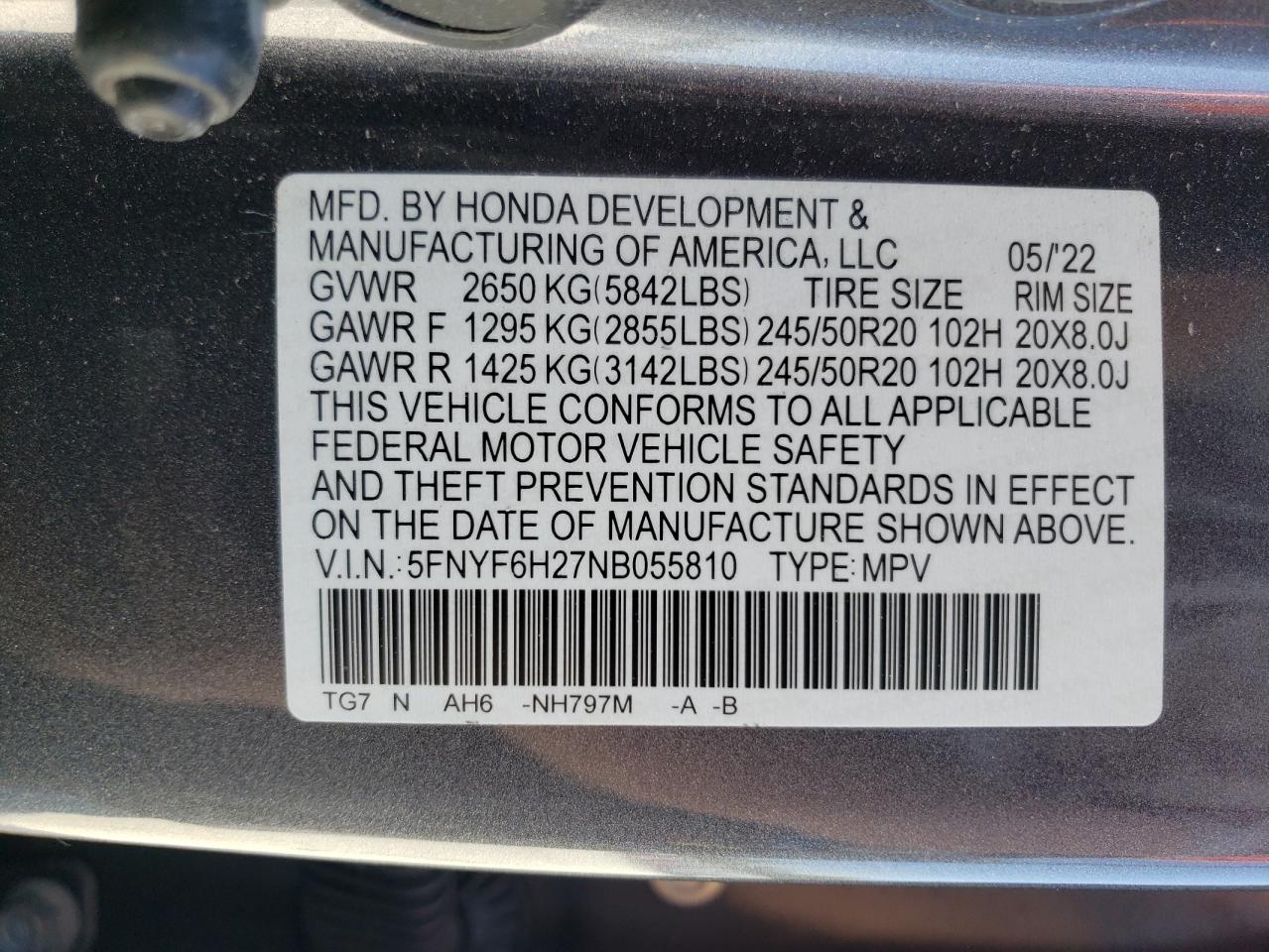 2022 HONDA PILOT SE VIN:5FNYF6H27NB055810