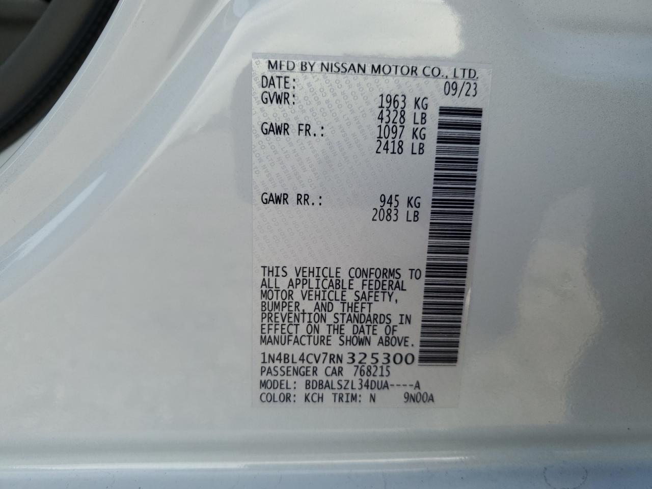 2024 NISSAN ALTIMA SR VIN:1N4BL4CV7RN325300