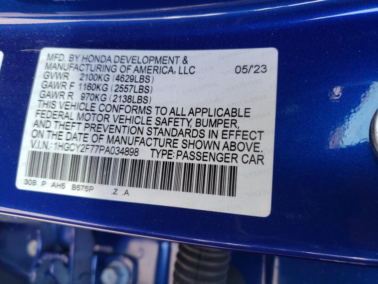 2023 HONDA ACCORD HYBRID SPORT-L VIN:1HGCY2F77PA034898