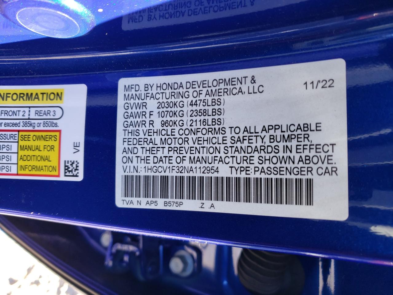 2022 HONDA ACCORD SPORT VIN:1HGCV1F32NA112954