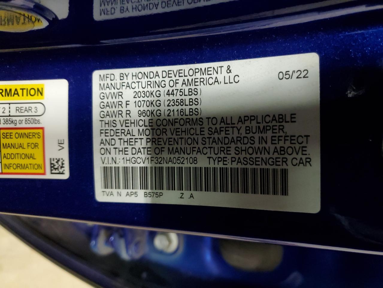 2022 HONDA ACCORD SPORT VIN:1HGCV1F32NA052108