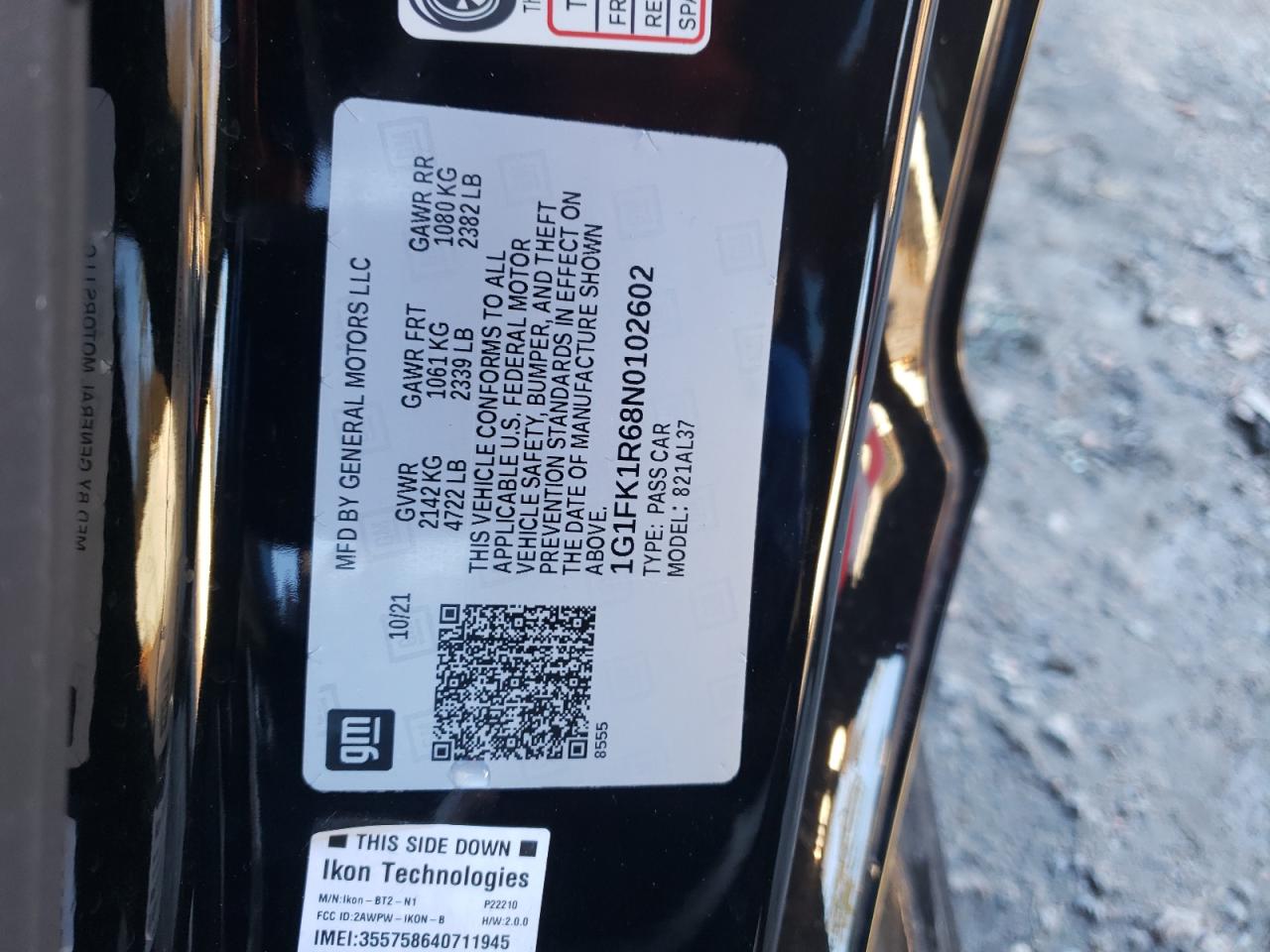 2022 CHEVROLET CAMARO ZL1 VIN:1G1FK1R68N0102602