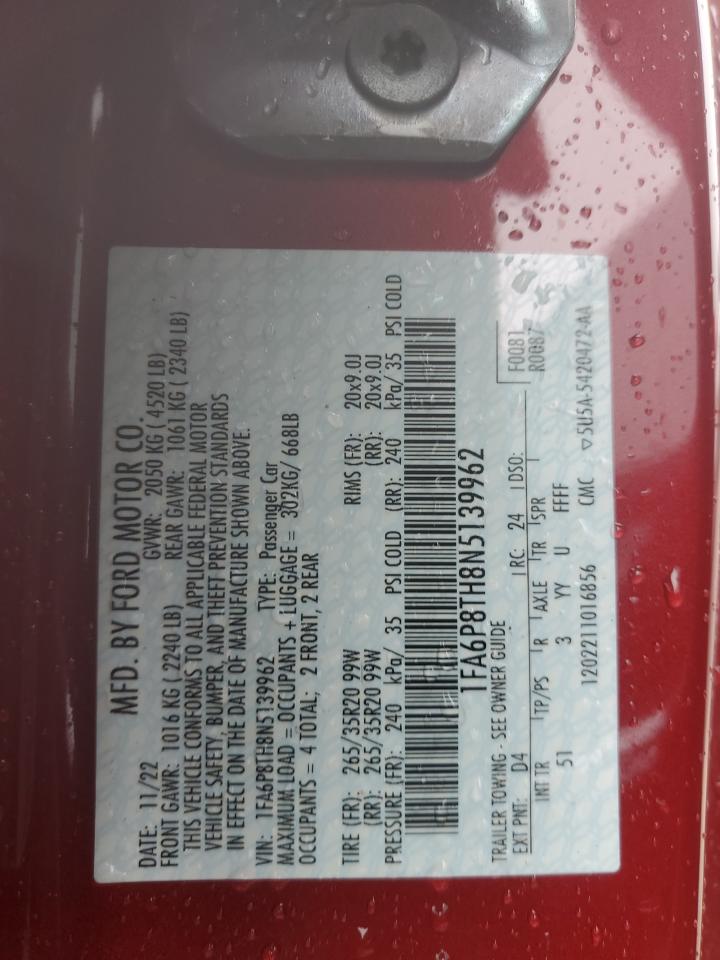2022 FORD MUSTANG VIN:1FA6P8TH8N5139962