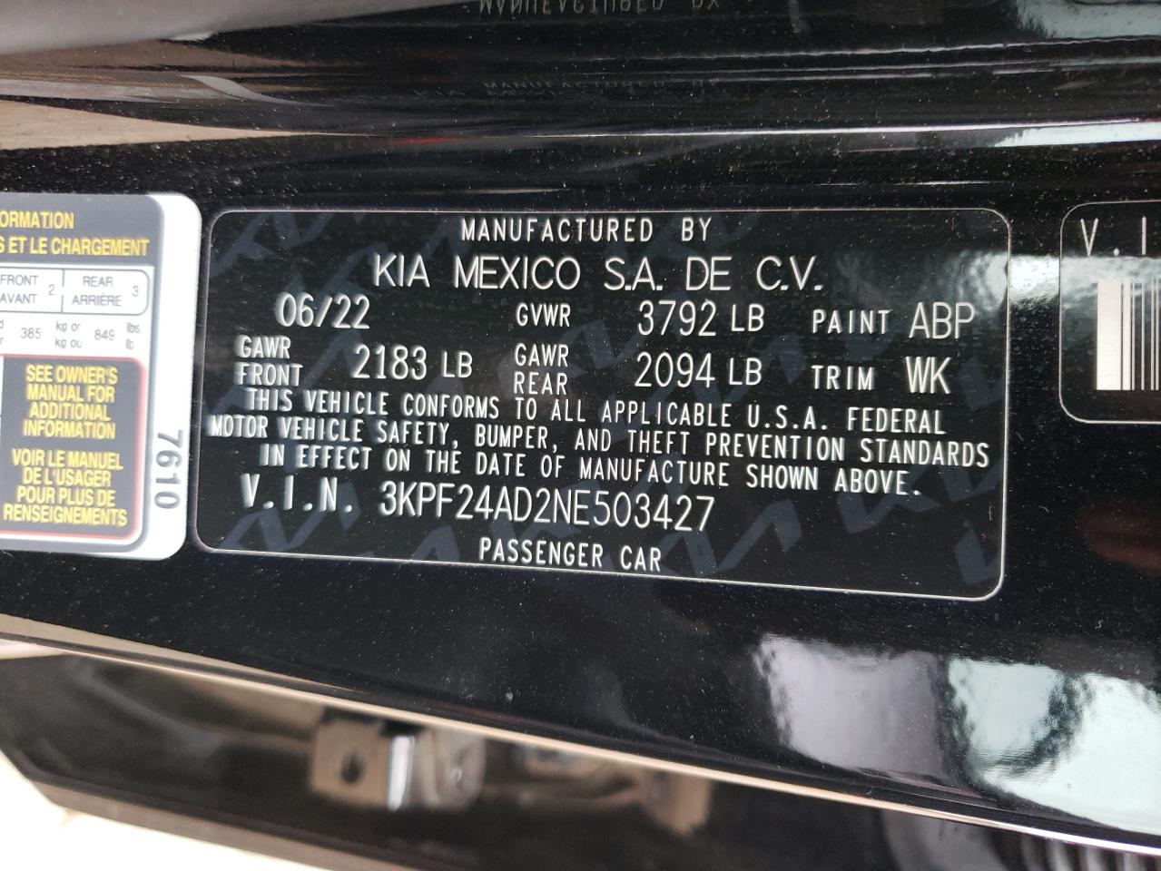 2022 KIA FORTE FE VIN:3KPF24AD2NE503427