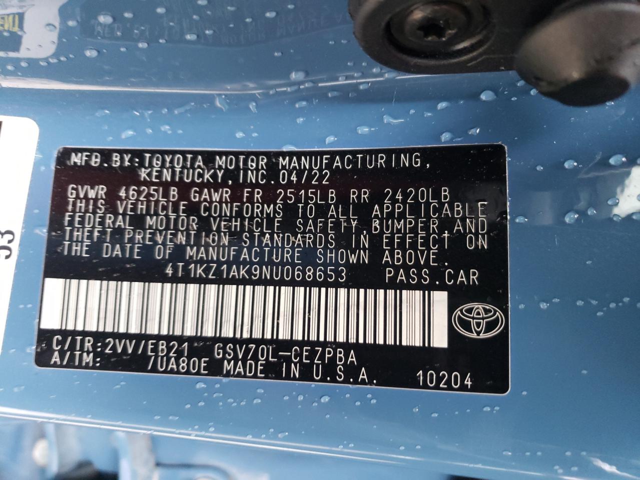 2022 TOYOTA CAMRY TRD VIN:4T1KZ1AK9NU068653