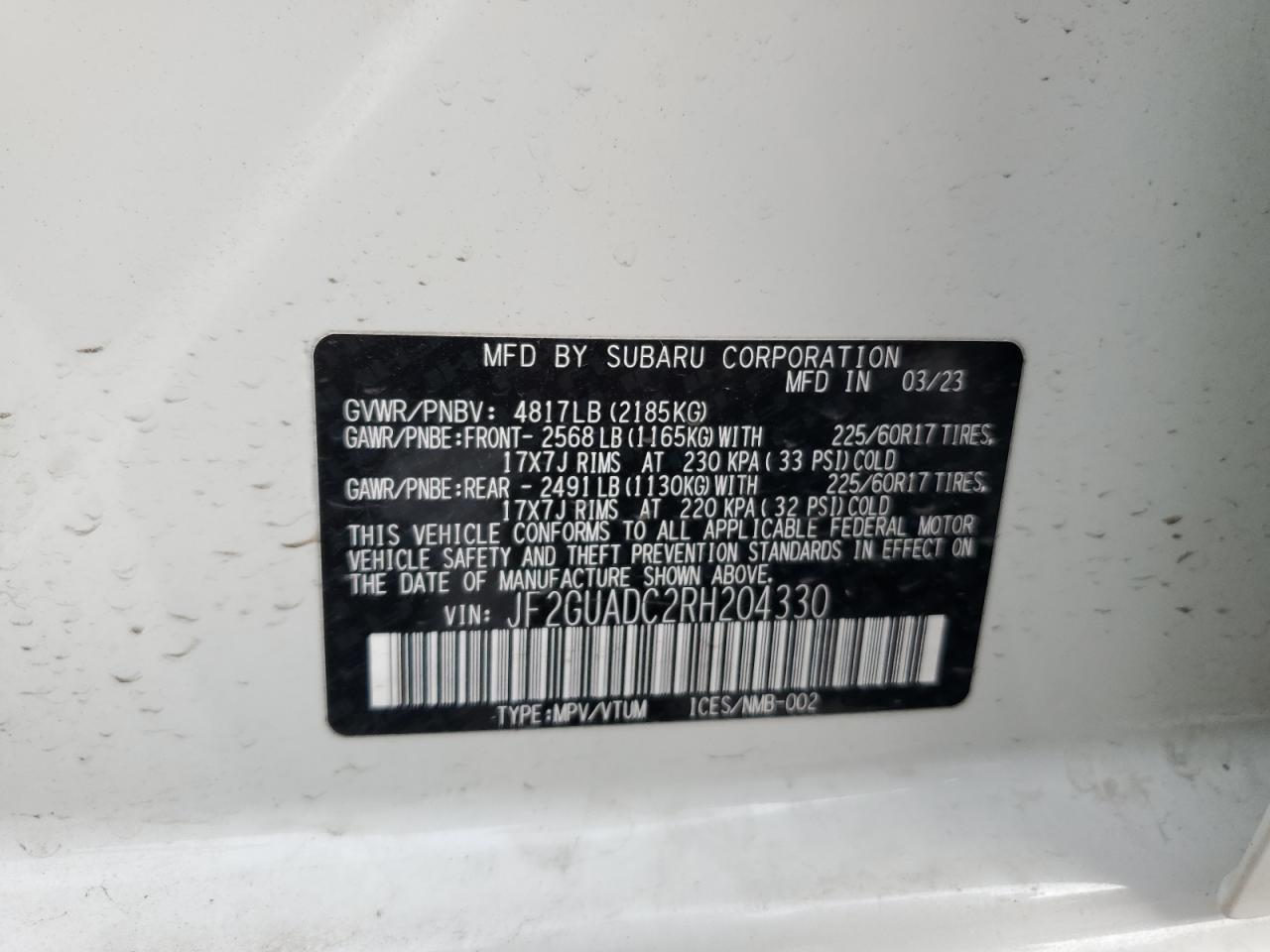 2024 SUBARU CROSSTREK PREMIUM VIN:JF2GUADC2RH204330
