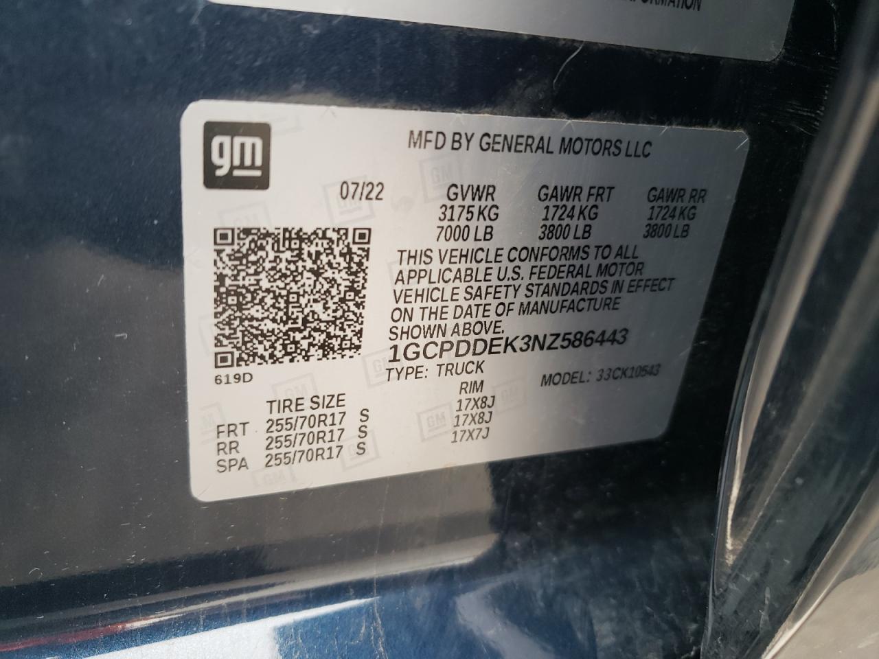 2022 CHEVROLET SILVERADO K1500 LT VIN:1GCPDDEK3NZ586443