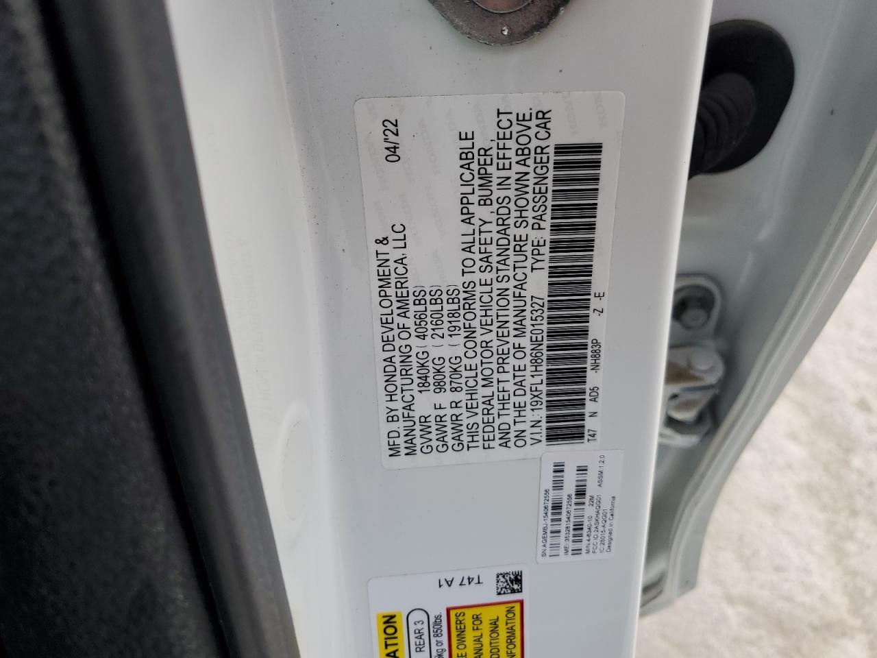 2022 HONDA CIVIC SPORT TOURING VIN:19XFL1H86NE015327