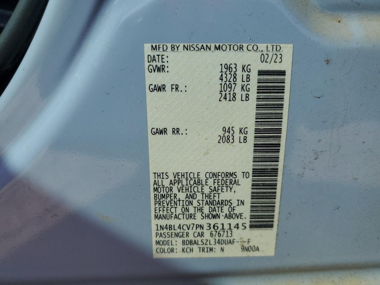 2023 NISSAN ALTIMA SR VIN:1N4BL4CV7PN361145