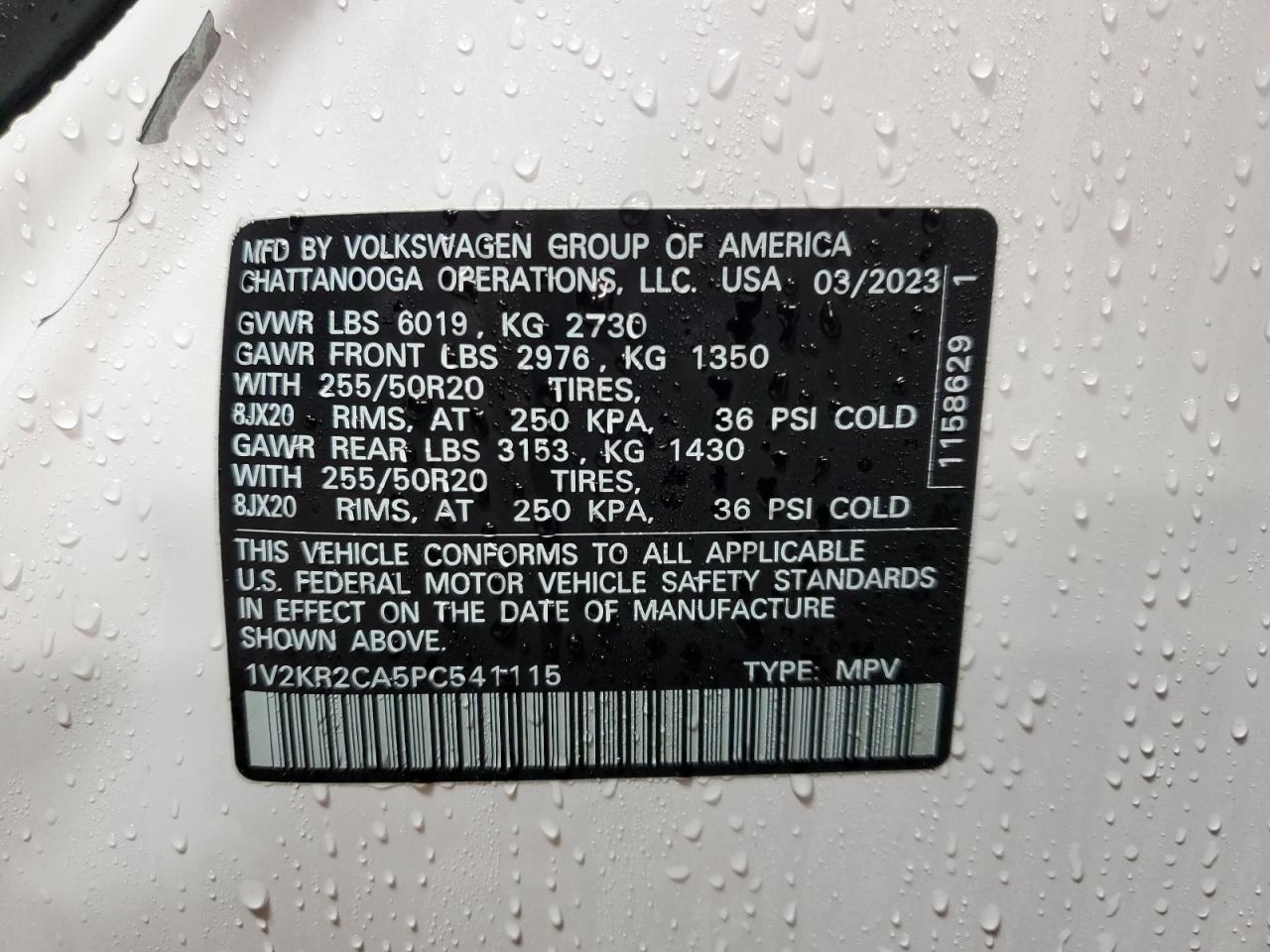 2023 VOLKSWAGEN ATLAS SE VIN:1V2KR2CA5PC541115