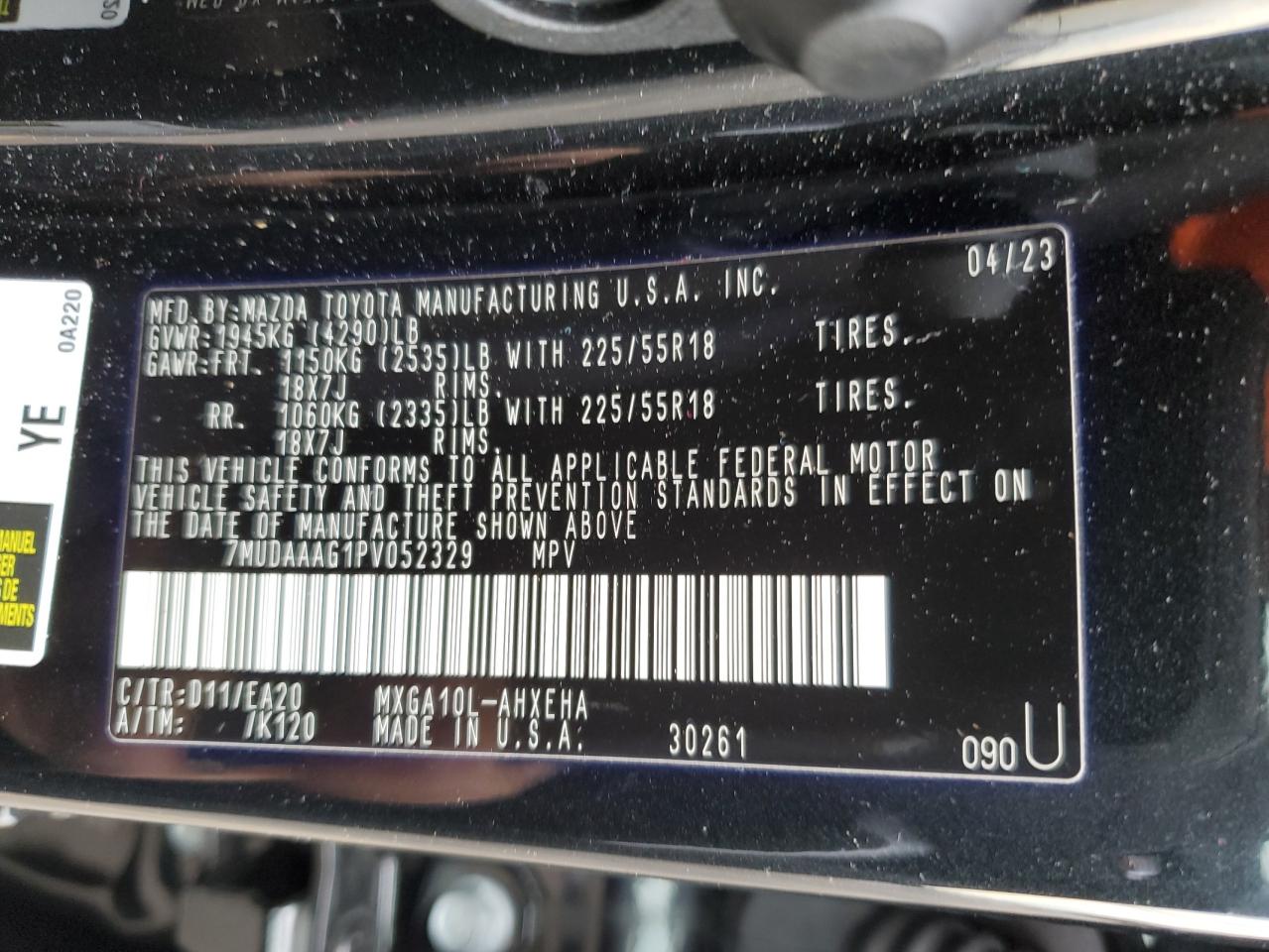 2023 TOYOTA COROLLA CROSS XLE VIN:7MUDAAAG1PV052329