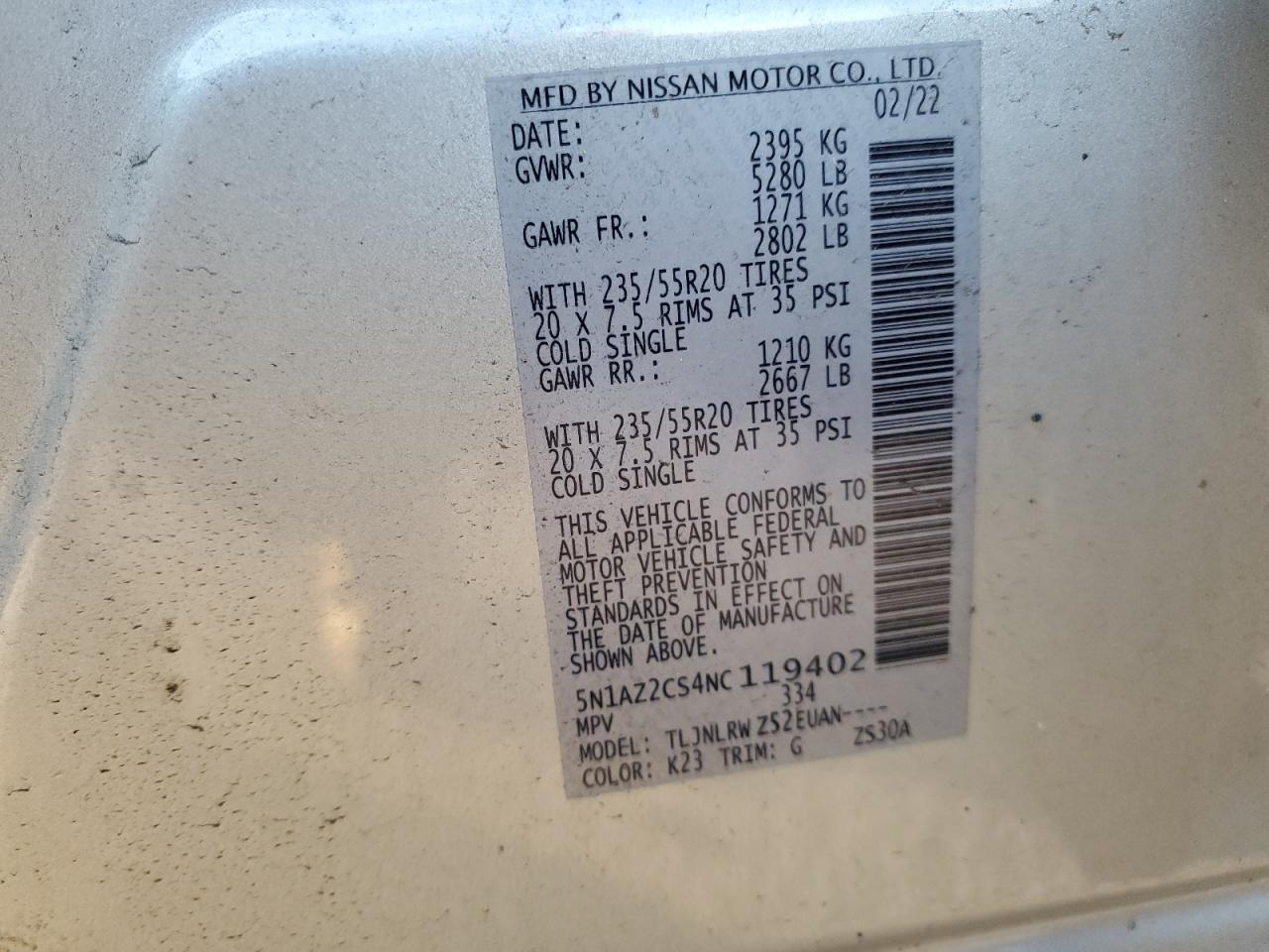 2022 NISSAN MURANO SL VIN:5N1AZ2CS4NC119402