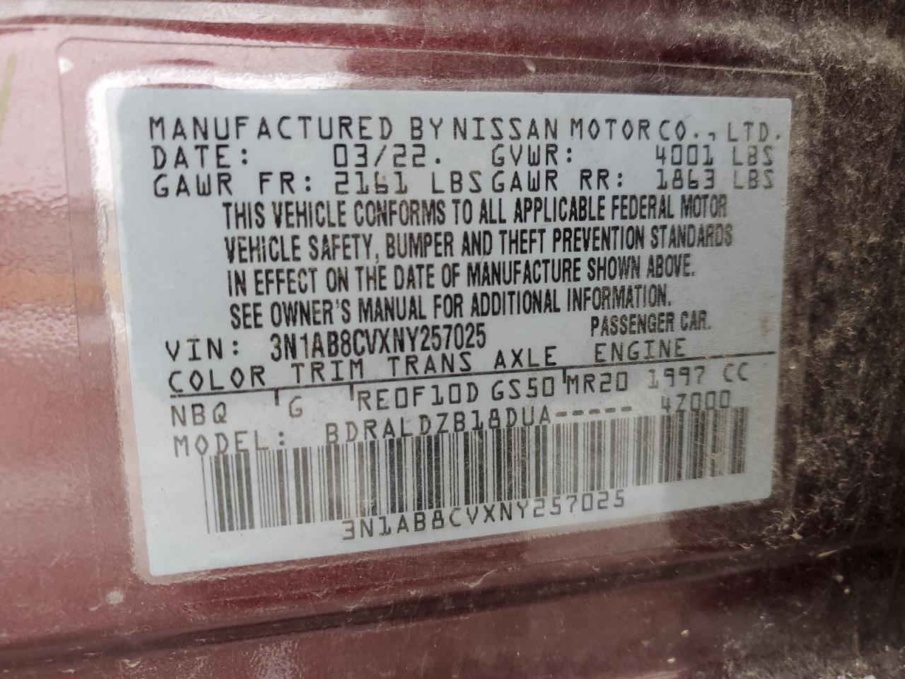 2022 NISSAN SENTRA SV VIN:3N1AB8CVXNY257025