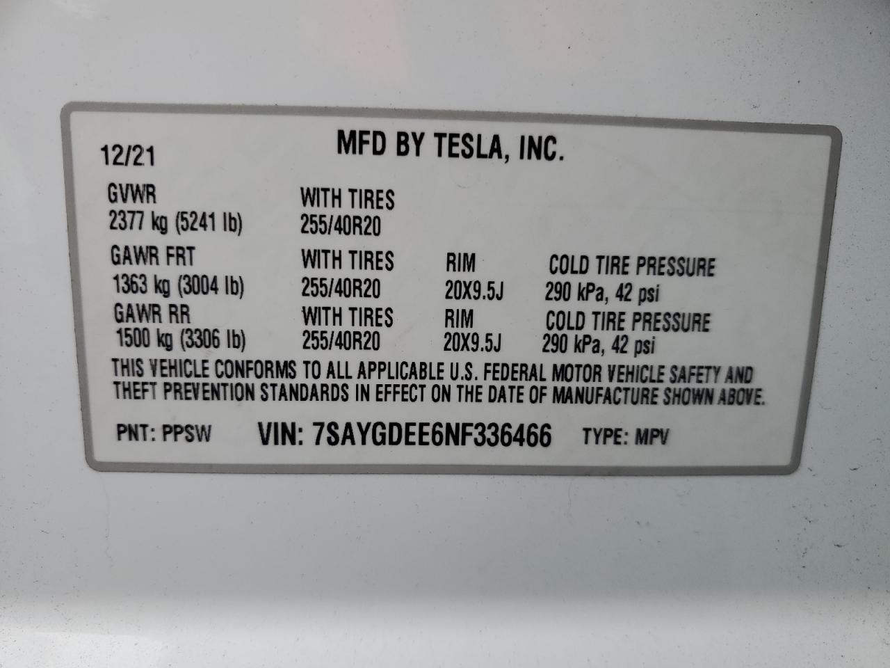 2022 TESLA MODEL Y VIN:7SAYGDEE6NF336466