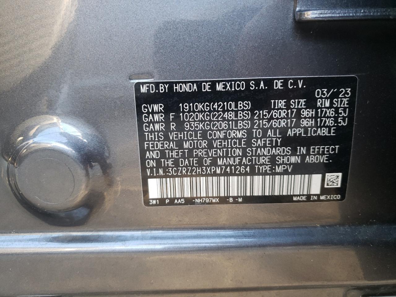 2023 HONDA HR-V LX VIN:3CZRZ2H3XPM741264