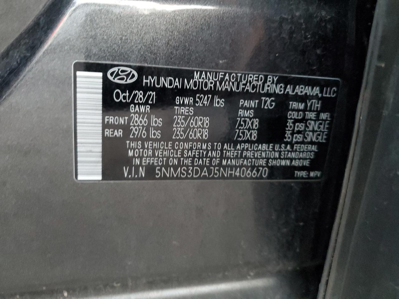 2022 HYUNDAI SANTA FE SEL VIN:5NMS3DAJ5NH406670