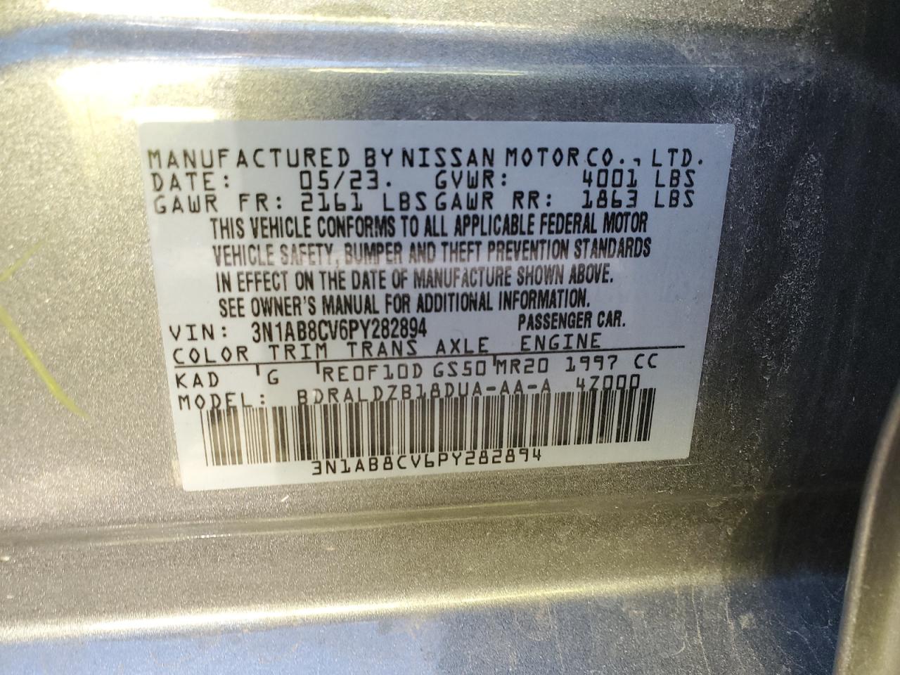 2023 NISSAN SENTRA SV VIN:3N1AB8CV6PY282894