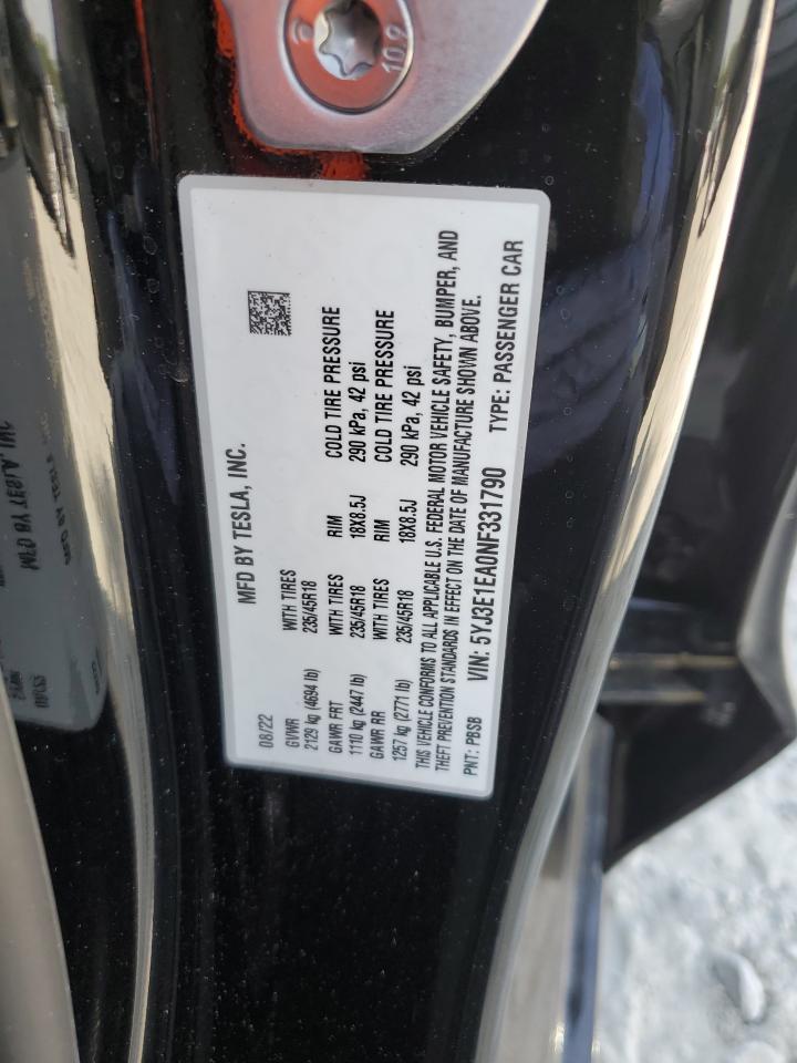 2022 TESLA MODEL 3 VIN:5YJ3E1EA0NF331790