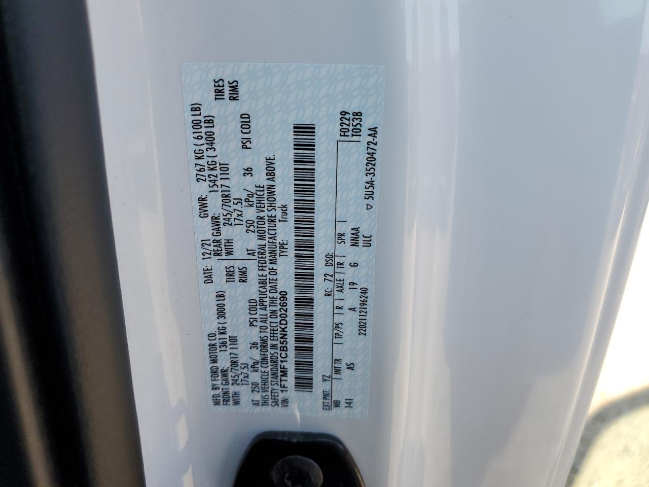 2022 FORD F150 VIN:1FTMF1CB5NKD02690