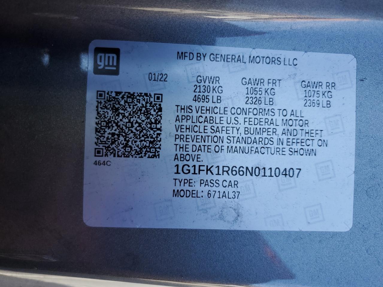 2022 CHEVROLET CAMARO ZL1 VIN:1G1FK1R66N0110407