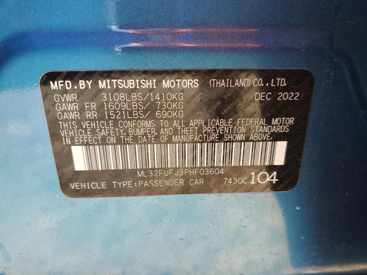 2023 MITSUBISHI MIRAGE G4 ES VIN:ML32FUFJ3PHF03604