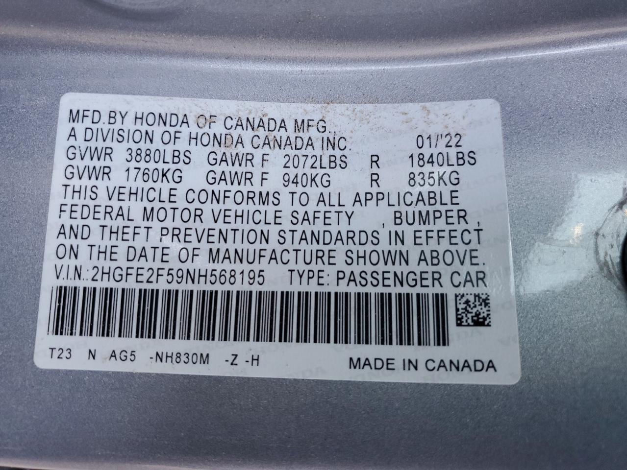 2022 HONDA CIVIC SPORT VIN:2HGFE2F59NH568195