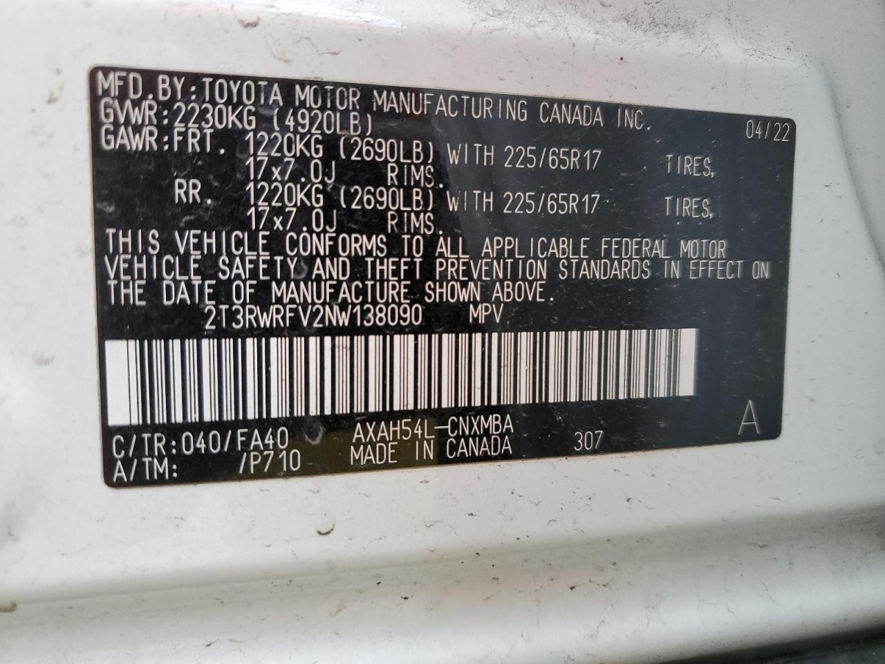 2022 TOYOTA RAV4 XLE VIN:2T3RWRFV2NW138090