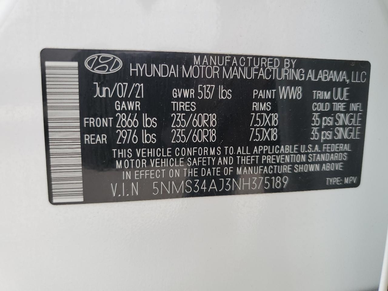 2022 HYUNDAI SANTA FE SEL VIN:5NMS34AJ3NH375189