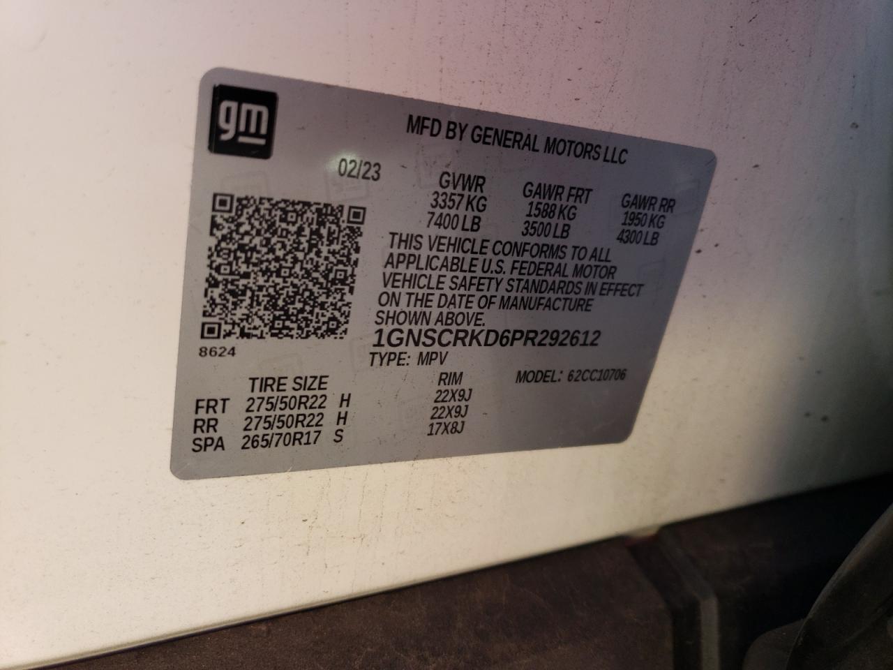 2023 CHEVROLET TAHOE C1500 RST VIN:1GNSCRKD6PR292612