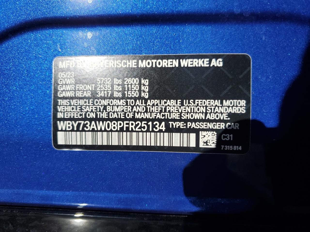 2023 BMW I4 EDRIVE40 VIN:WBY73AW08PFR25134