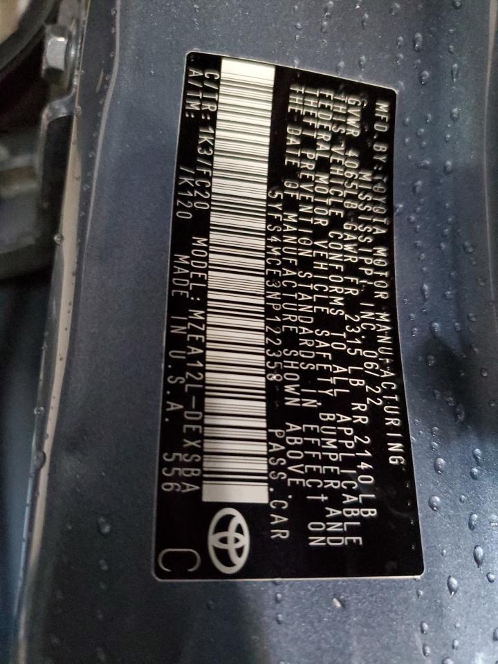 2022 TOYOTA COROLLA SE VIN:5YFS4MCE3NP122358