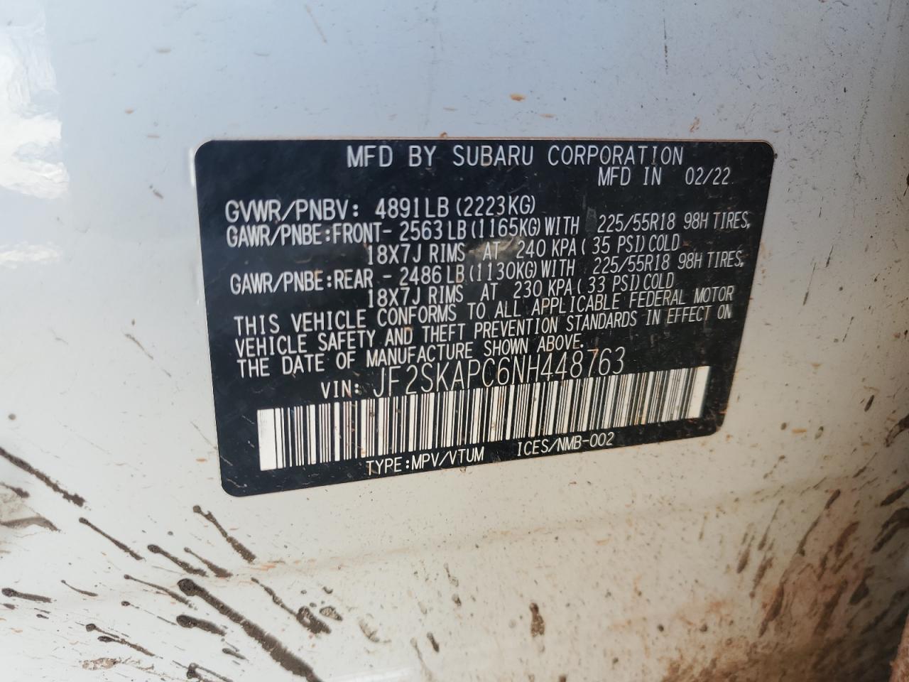 2022 SUBARU FORESTER LIMITED VIN:JF2SKAPC6NH448763