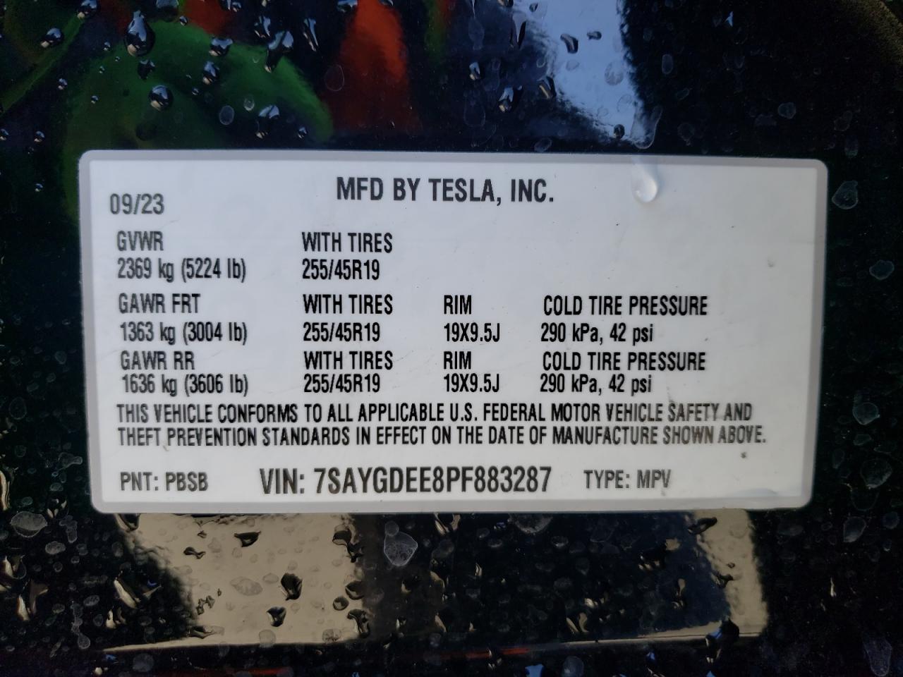 2023 TESLA MODEL Y VIN:7SAYGDEE8PF883287