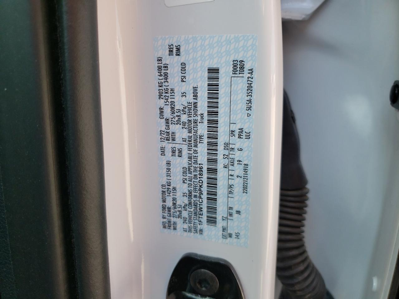 2023 FORD F150 SUPERCREW VIN:1FTEW1CP9PKD18961