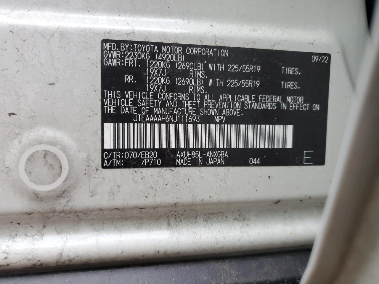 2022 TOYOTA VENZA LE VIN:JTEAAAAH6NJ111693