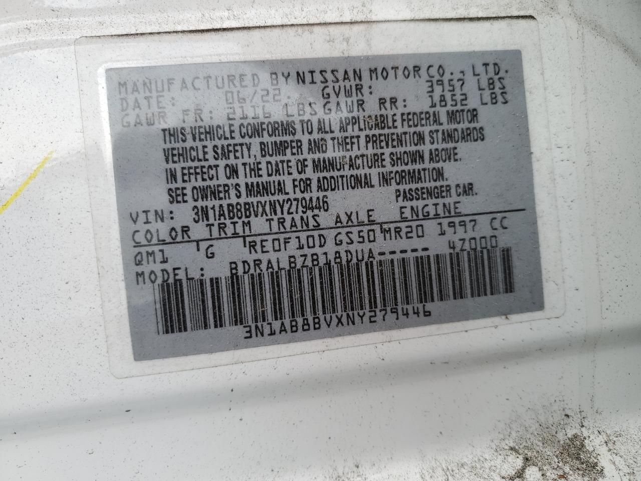 2022 NISSAN SENTRA S VIN:3N1AB8BVXNY279446