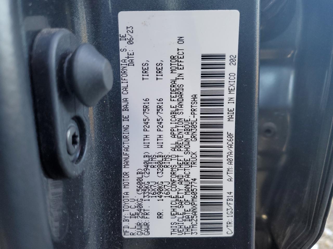 2023 TOYOTA TACOMA DOUBLE CAB VIN:3TMCZ5ANXPM605774