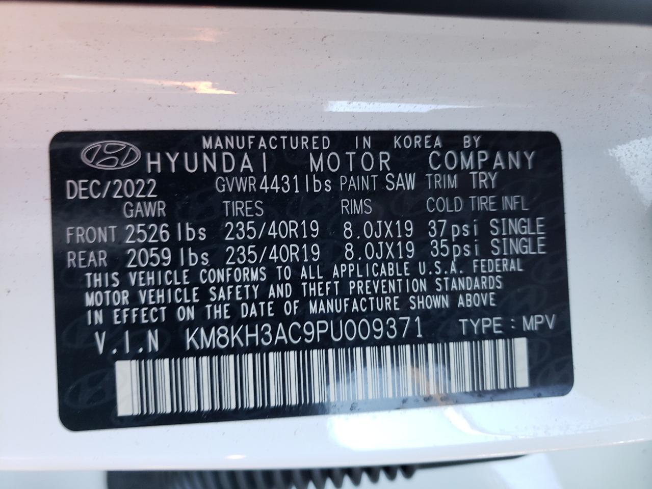 2023 HYUNDAI KONA N BASE VIN:KM8KH3AC9PU009371