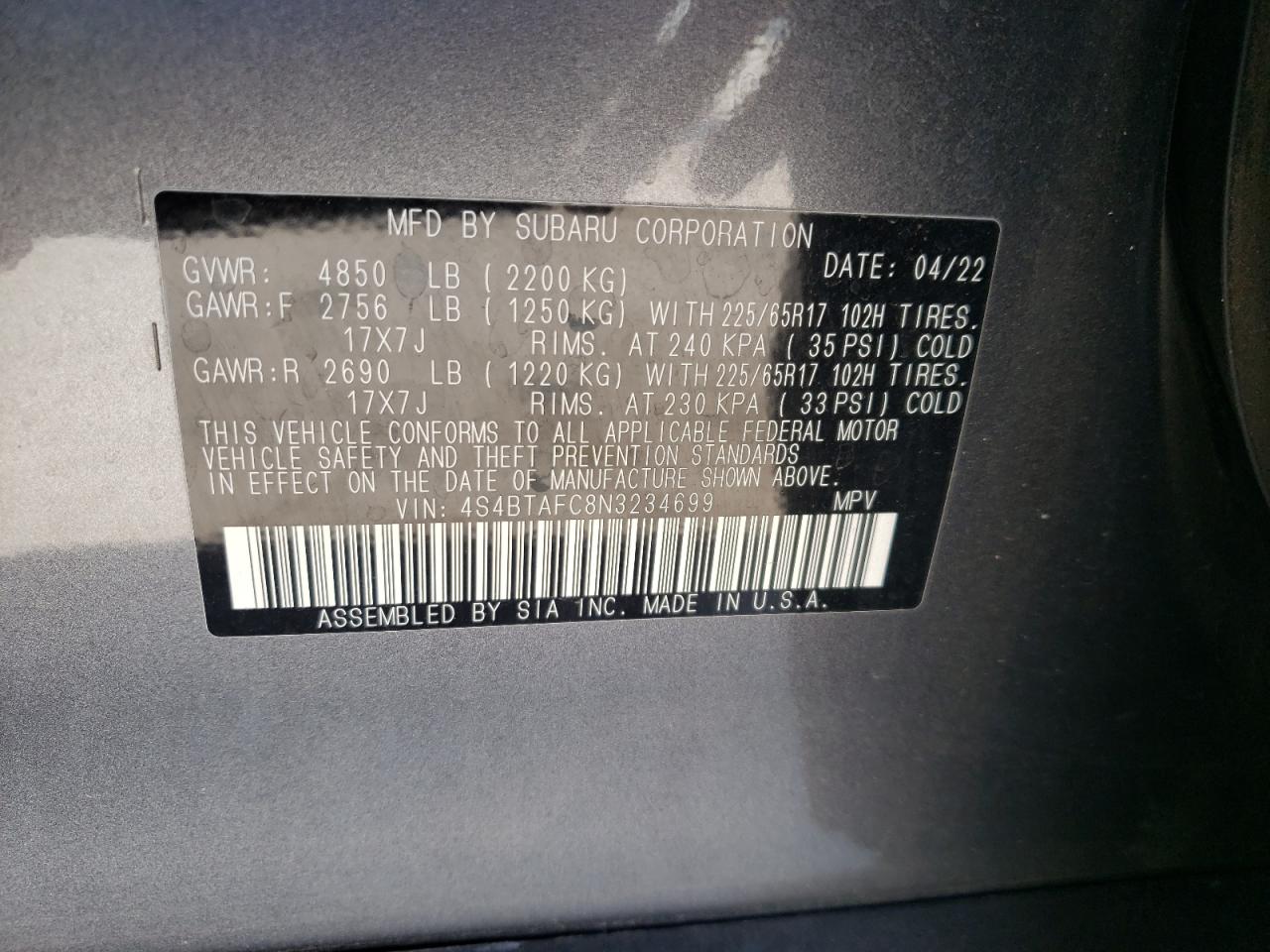 2022 SUBARU OUTBACK PREMIUM VIN:4S4BTAFC8N3234699