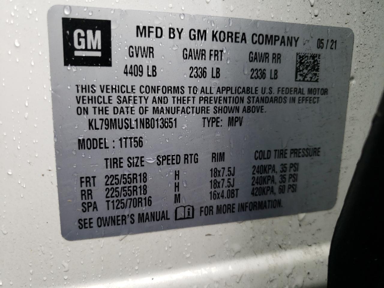 2022 CHEVROLET TRAILBLAZER RS VIN:KL79MUSL1NB013651