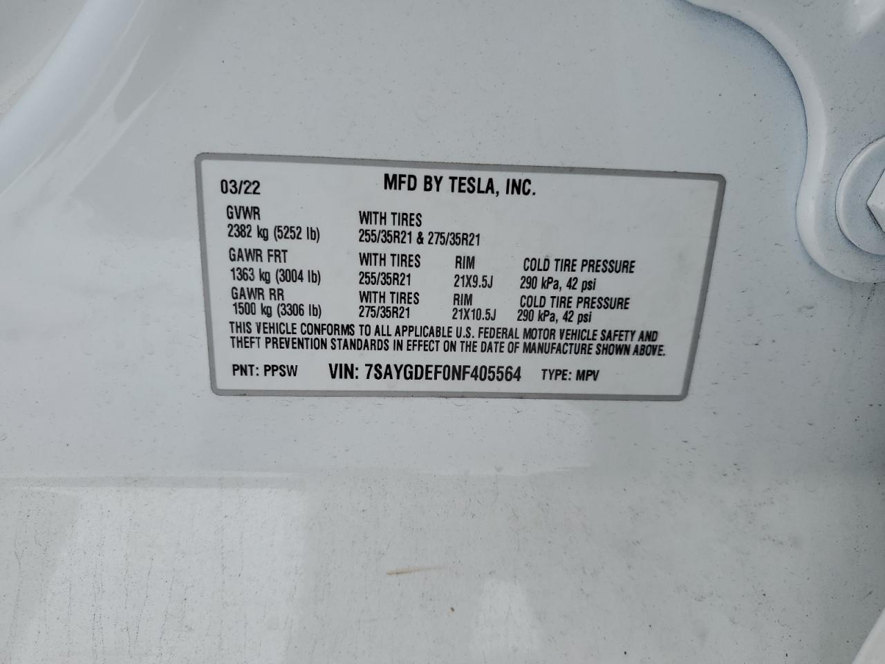 2022 TESLA MODEL Y VIN:7SAYGDEF0NF405564
