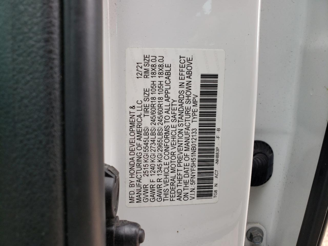 2022 HONDA PILOT EXL VIN:5FNYF5H51NB012133
